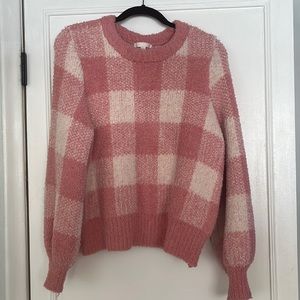 Pink and white fuzzy plaid sweater